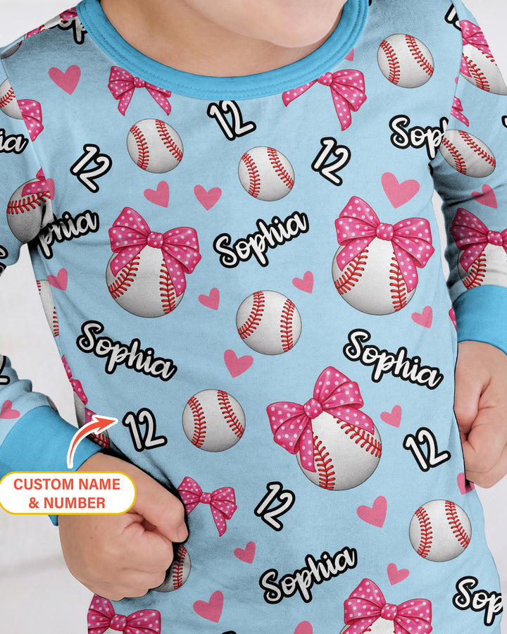 Coquette Ball Custom Name And Number Bamboo Two Piece Long Sleeve Pajama Set