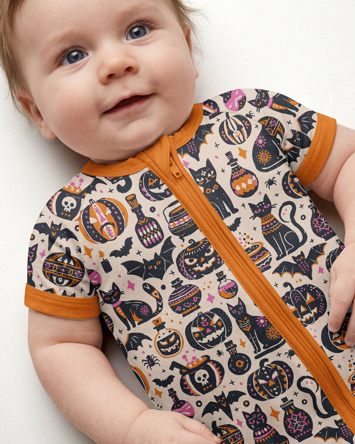 Whimsical Tribal Retro Halloween Black Cats Pumpkins Bamboo Shorty Zippy