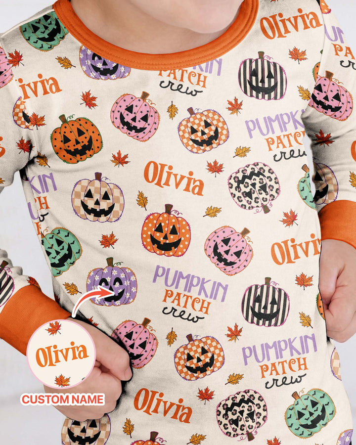 Custom Name Pumpkin Patch Crew Bamboo Two Piece Long Sleeve Pajama Set
