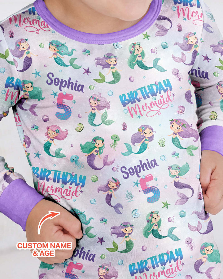 Custom Name and Age Birthday Mermaid Bamboo Two Piece Long Sleeve Pajama Set
