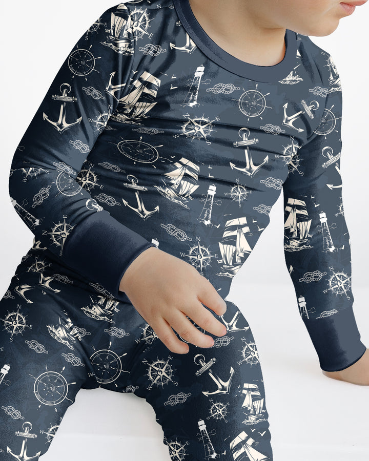 Vintage Nautical Voyage Bamboo Two Piece Long Sleeve Pajama Set