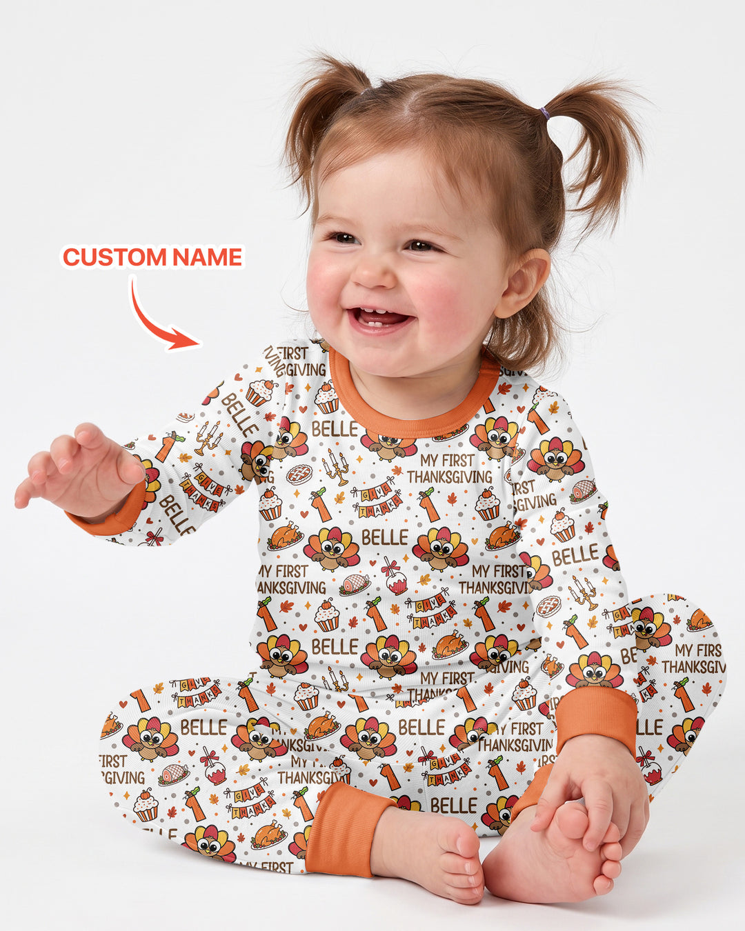 Custom Name Doodle Turkey My First Thanksgiving Bamboo Two Piece Long Sleeve Pajama Set