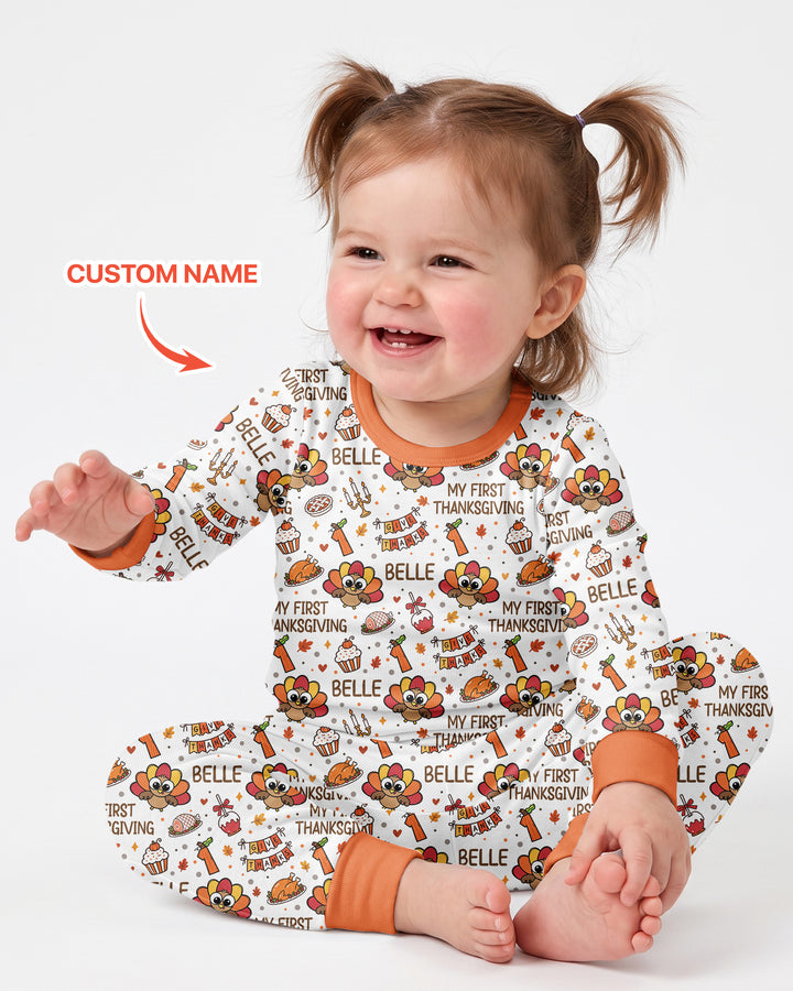 Custom Name Doodle Turkey My First Thanksgiving Bamboo Two Piece Long Sleeve Pajama Set