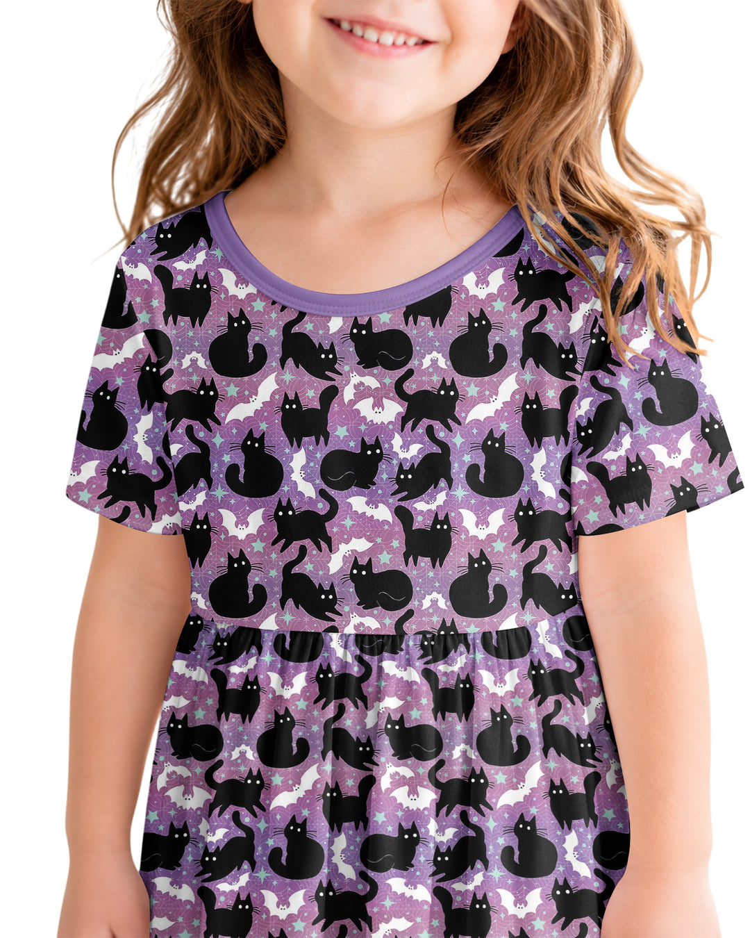 Spooky Black Cat Halloween Purple Bats Bamboo Twirl Dress