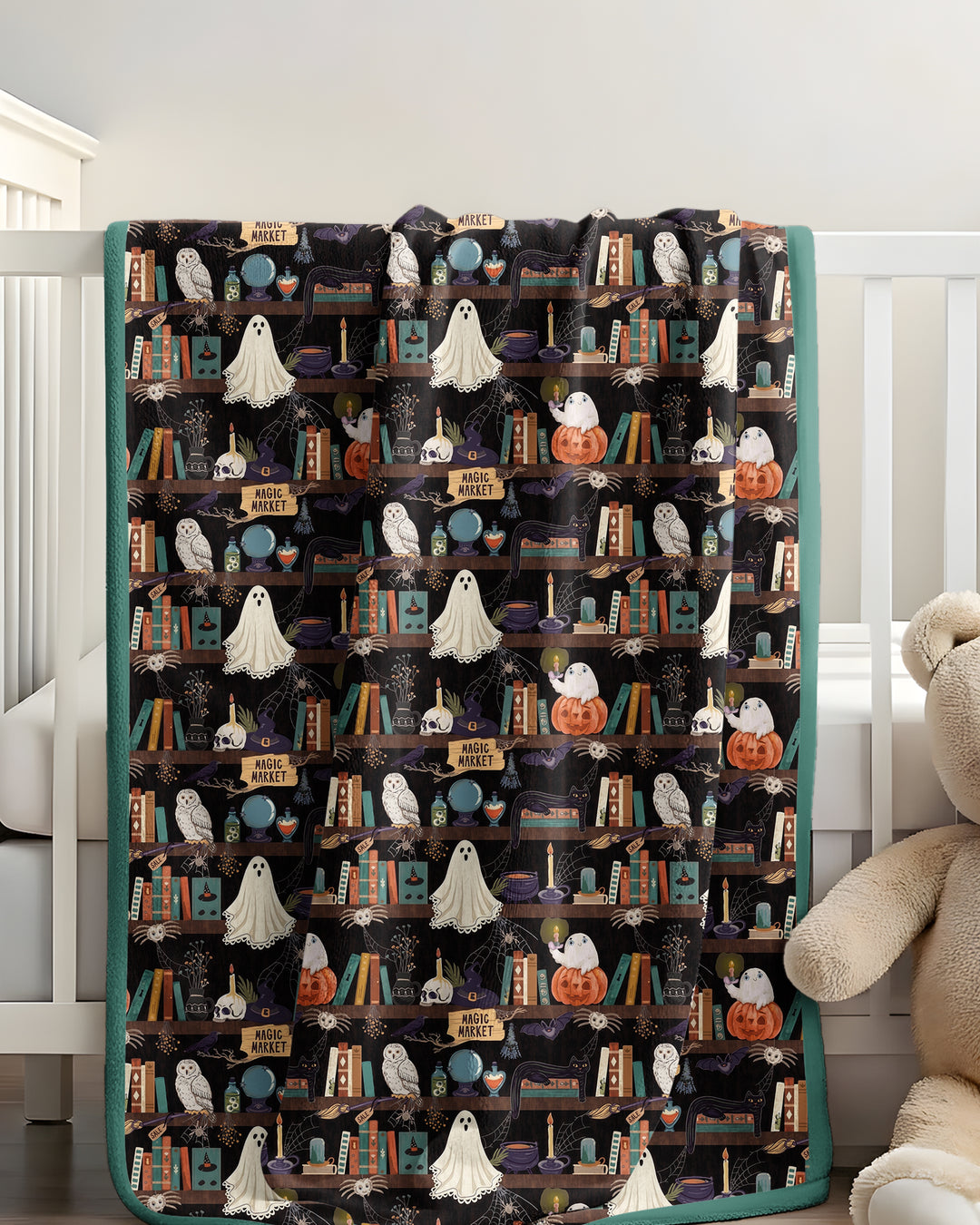 Cute Ghost Witchy Halloween Magic Library Bamboo Blanket