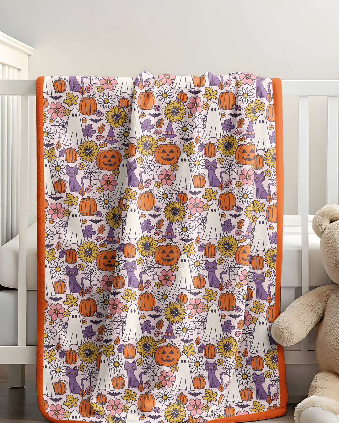 Ghost Pumpkin Fall Floral Halloween Bamboo Blanket