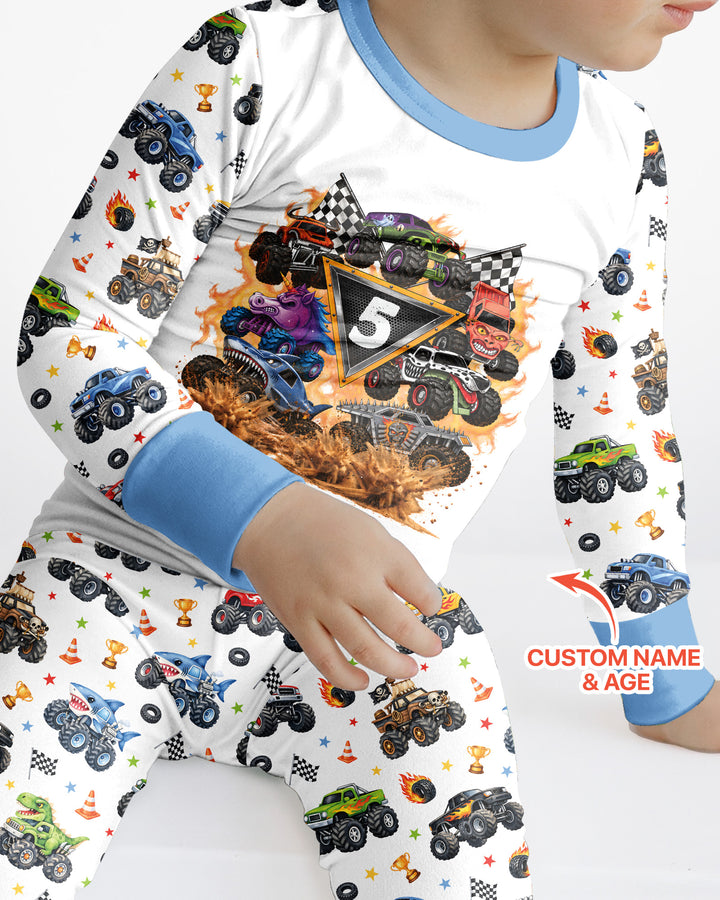 Personalized Monster Trucks Birthday Boy Bamboo Two Piece Long Sleeve Pajama Set