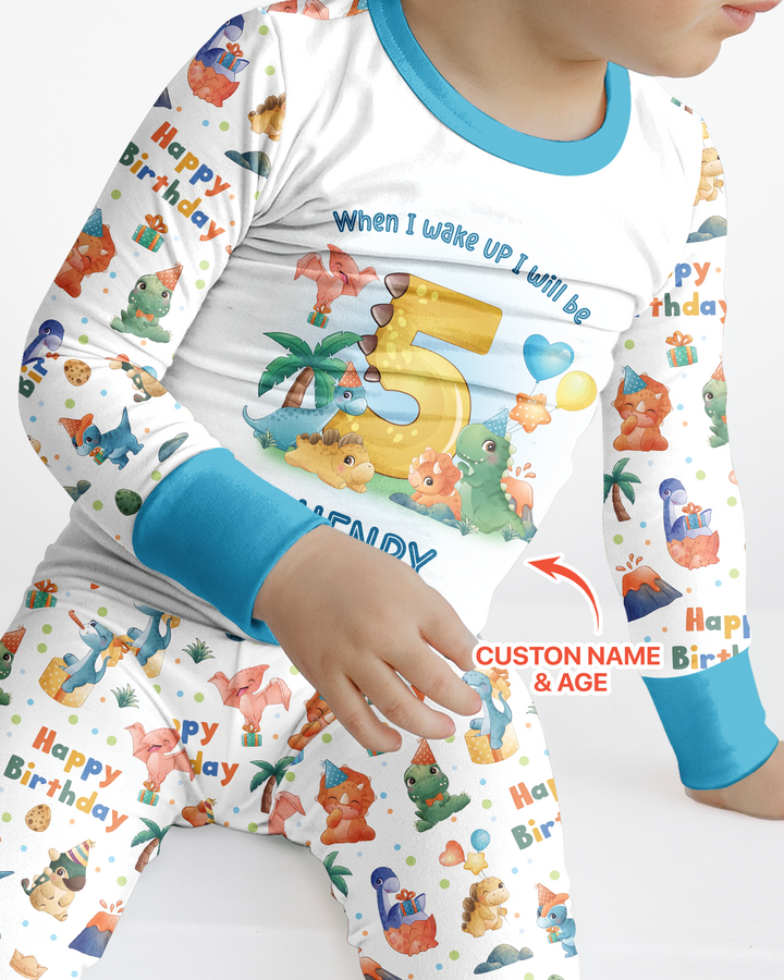 Custom Name When I Wake Up Birthday Dino Bamboo Two Piece Long Sleeve Pajama Set