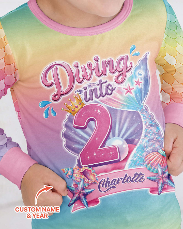Mermaid Birthday Custom Name & Age Bamboo Two Piece Long Sleeve Pajama Set
