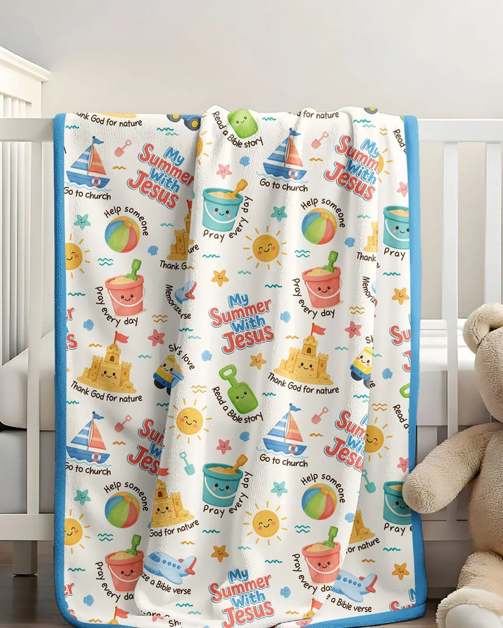 Colorful Summer Beach With Jesus Bamboo Blanket