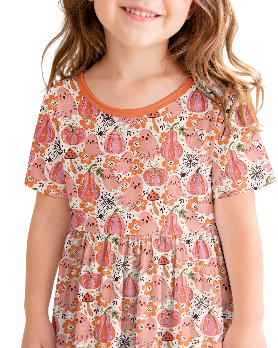 Pink Ghost Pumpkin Fall Floral Halloween Bamboo Twirl Dress