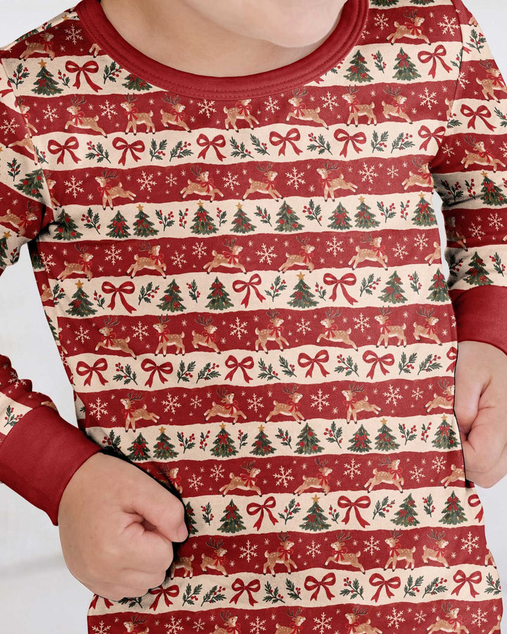 Vintage Reindeer Christmas Stripes Bamboo Two Piece Long Sleeve Pajama Set