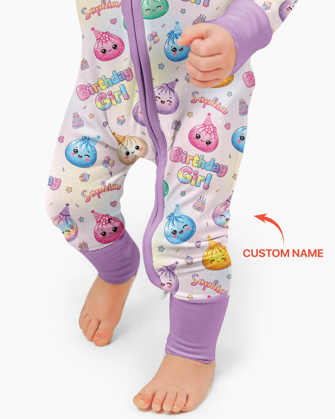 Custom Name Glitter Dumpling Birthday Girl Bamboo Convertible Zippy