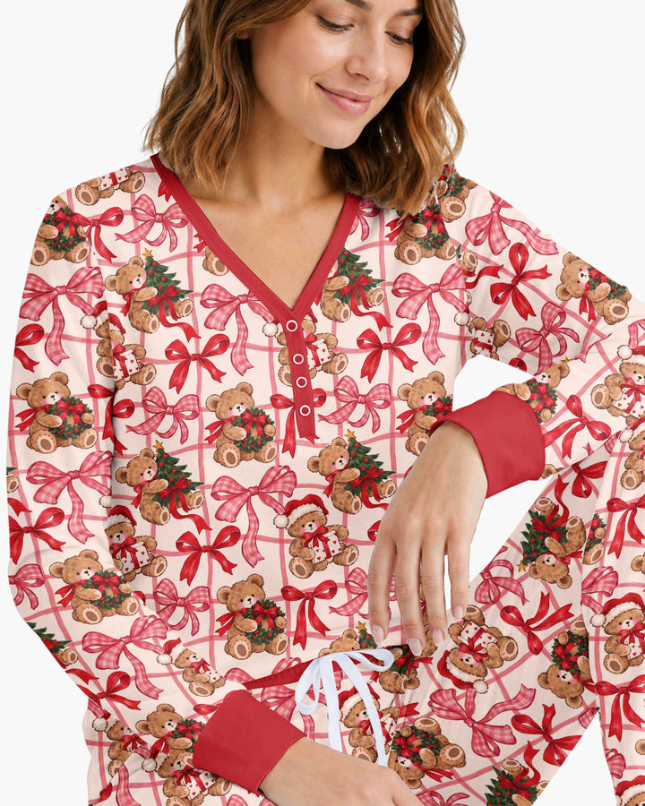 Pink Christmas Teddy Bear Plaid Mommy & Me Matching Bamboo Women Pajama Set