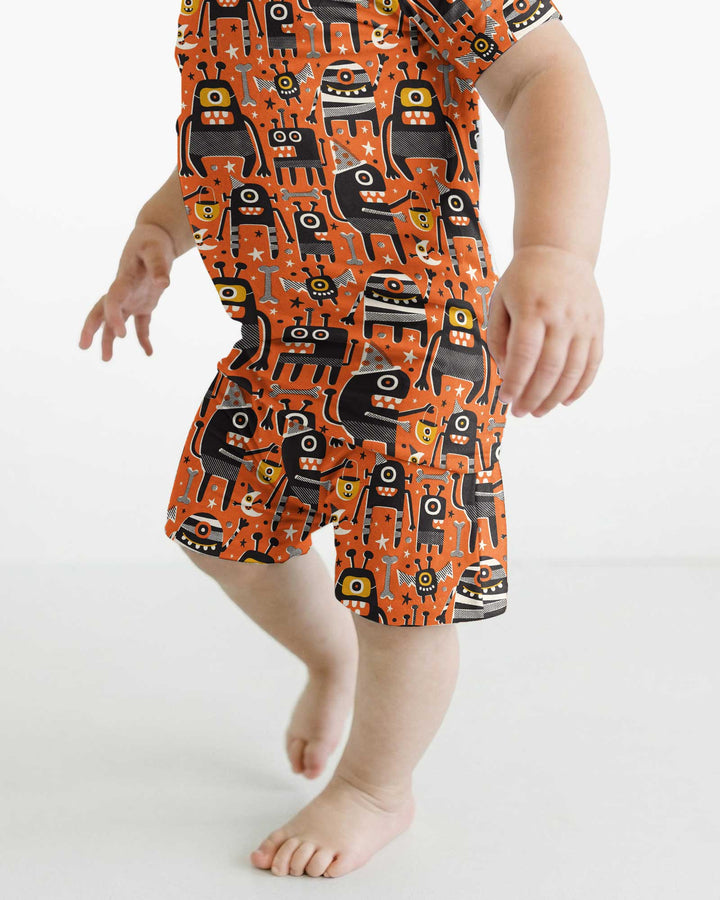 Mid Century Halloween Monster Toss Bamboo Two Piece Short Sleeve Shorts Pajama Set