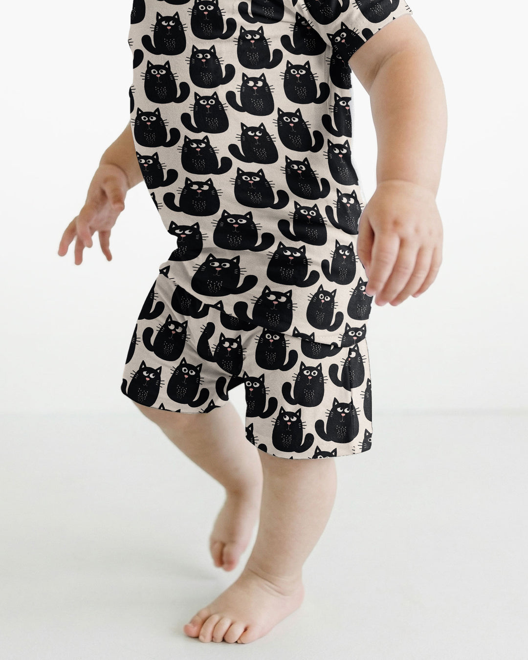 Moody Black Cats in Black and White Bamboo Two Piece Short Sleeve Shorts Pajama Set