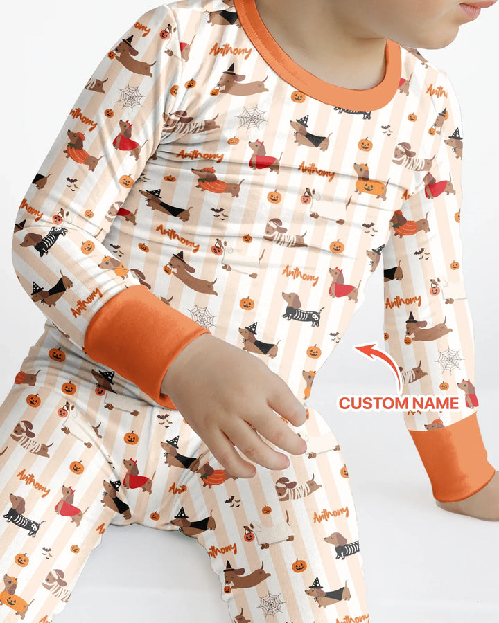 Custom Name Boo Crew Halloween Dachshund  Bamboo Two Piece Long Sleeve Pajama Set