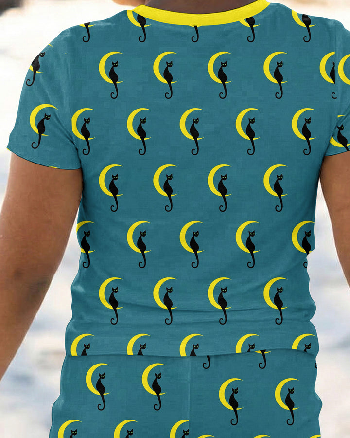 Black Cat Crescent Moon Celestial Night Bamboo Two Piece Short Sleeve Pajama Set