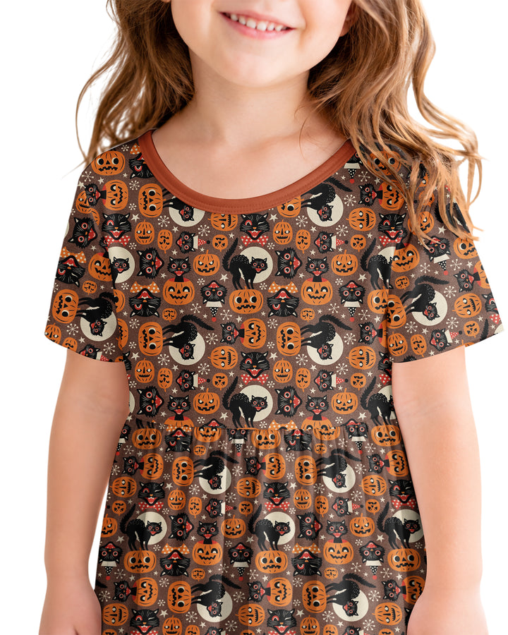 Vintage Halloween Black Cat Pumpkin Bamboo Twirl Dress