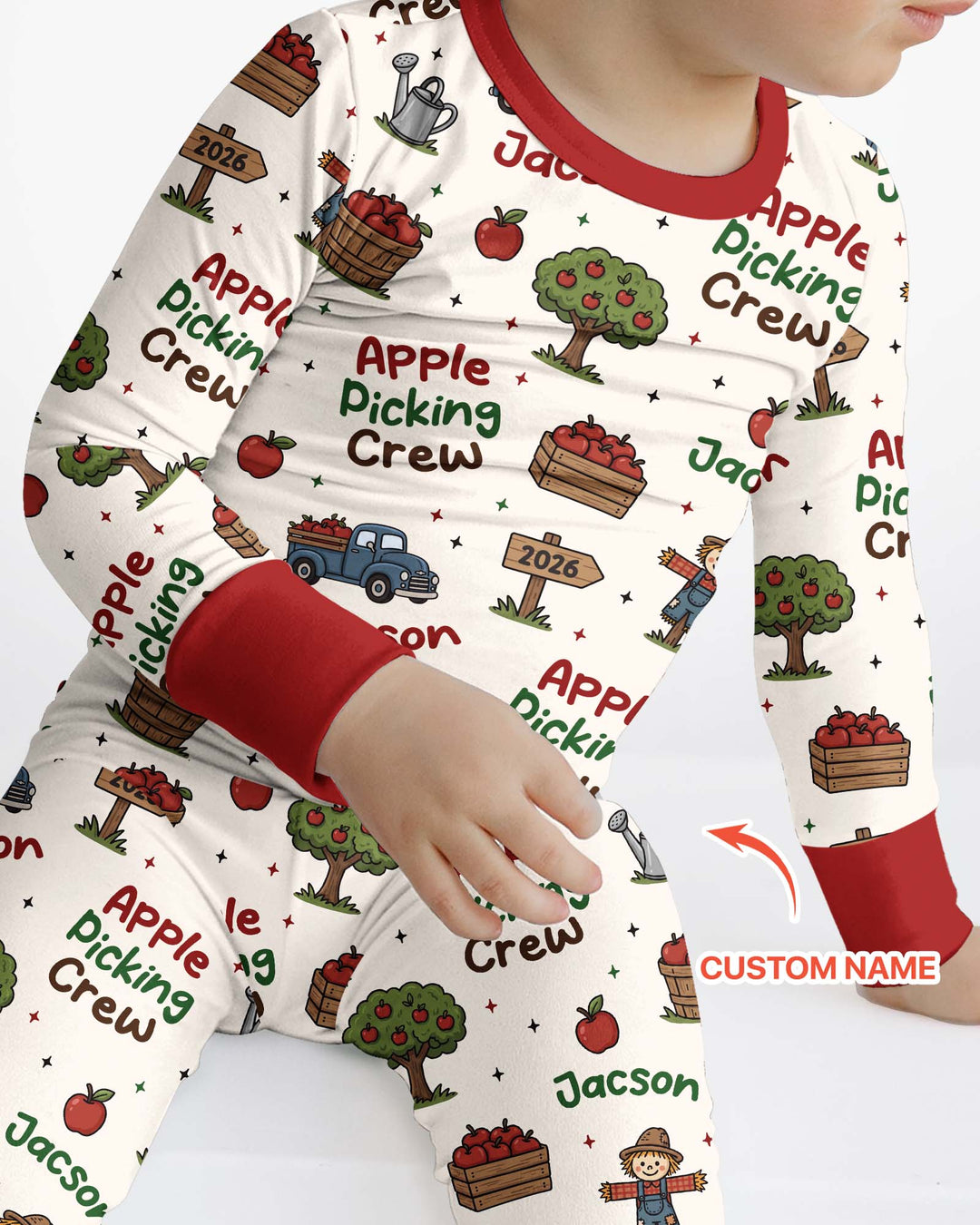Custom Name Apple Picking Crew Bamboo Two Piece Long Sleeve Pajama Set
