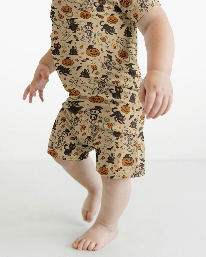 Vintage Skeleton Pumpkin Halloween Bamboo Two Piece Short Sleeve Shorts Pajama Set