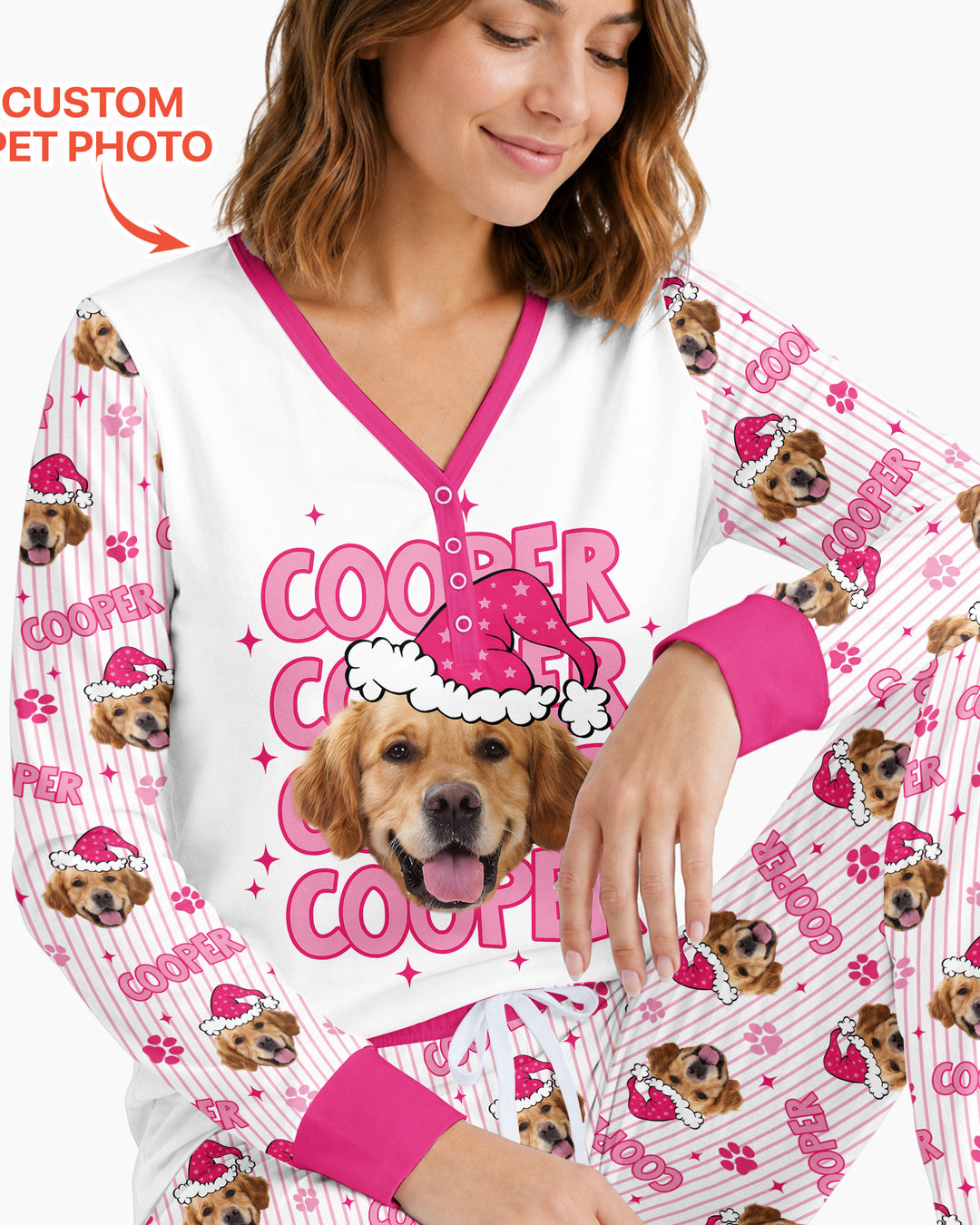 Personalized Pink Santa Dog Bamboo Women Pajama Set