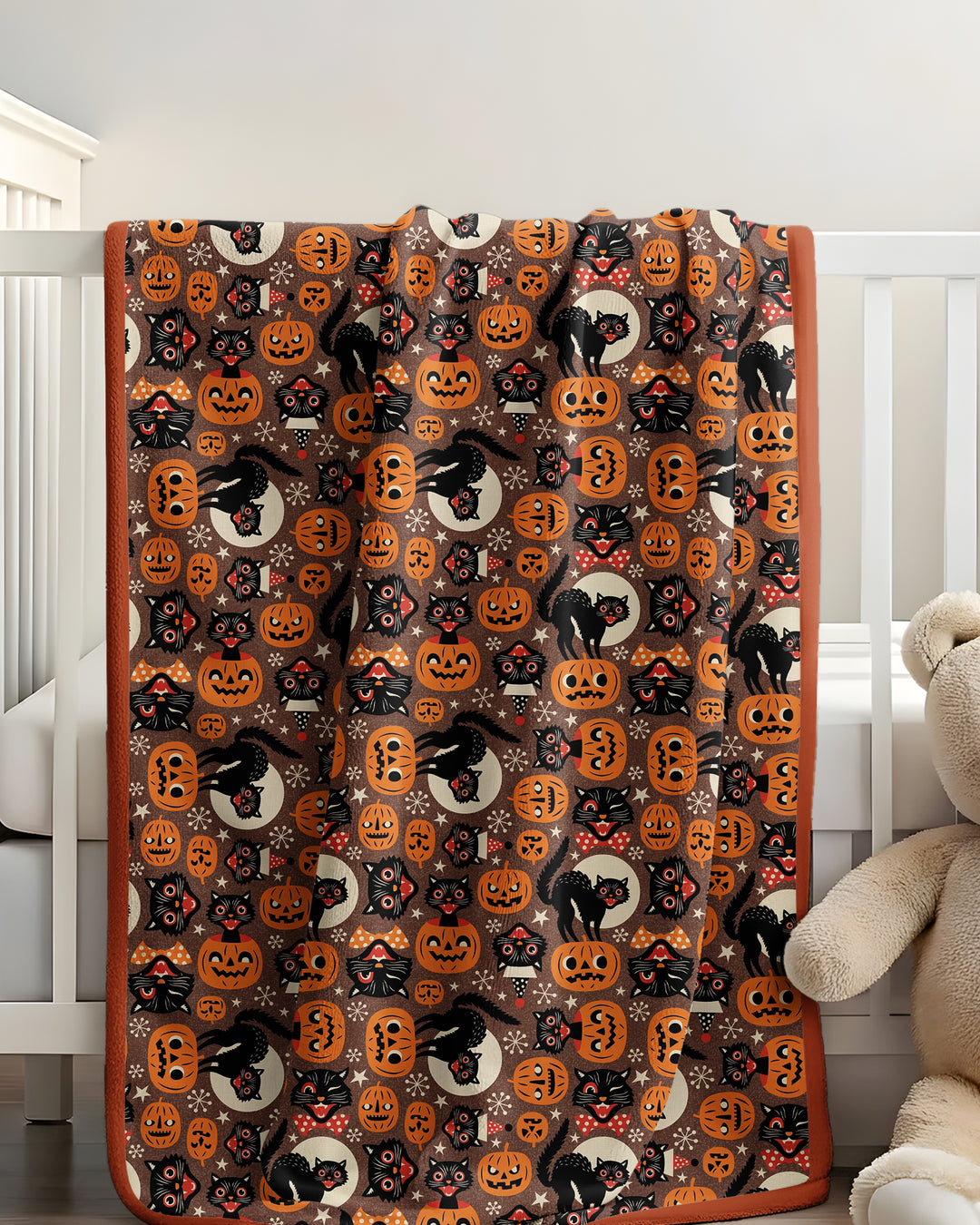 Vintage Halloween Black Cat Pumpkin Bamboo Blanket