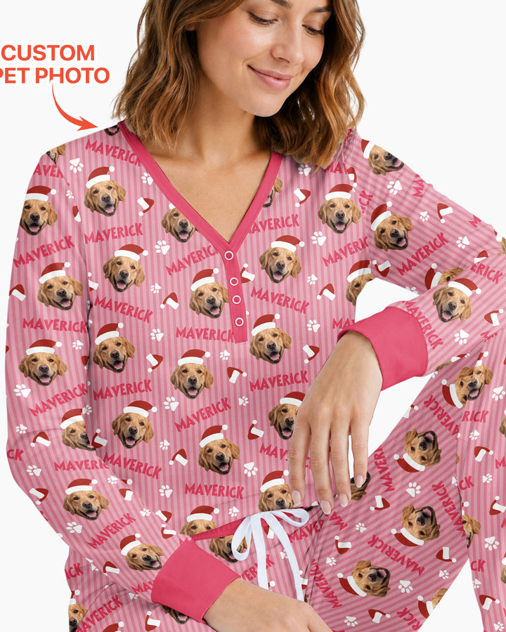 Custom Pet Photo Christmas Paws Stripe Bamboo Women Pajama Set