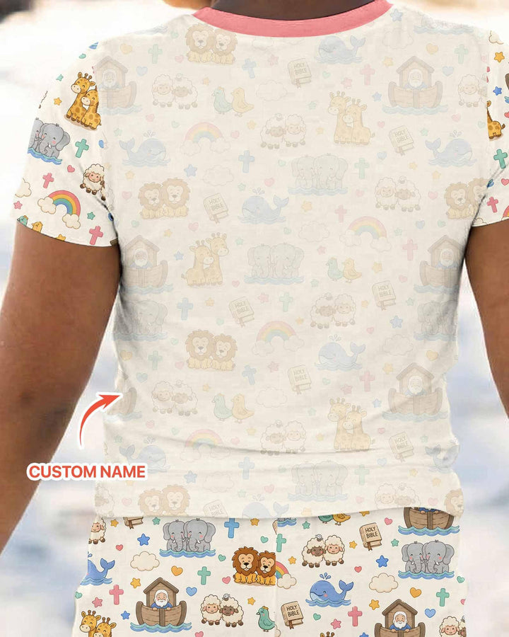 Custom Name Noah's Ark Jesus Loves Me Bamboo Two Piece Short Sleeve Pajama Set