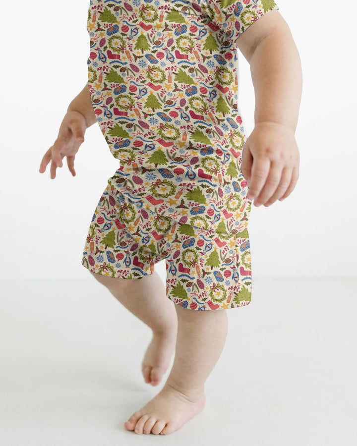 All Over Christmas Fun Bamboo Two Piece Short Sleeve Shorts Pajama Set