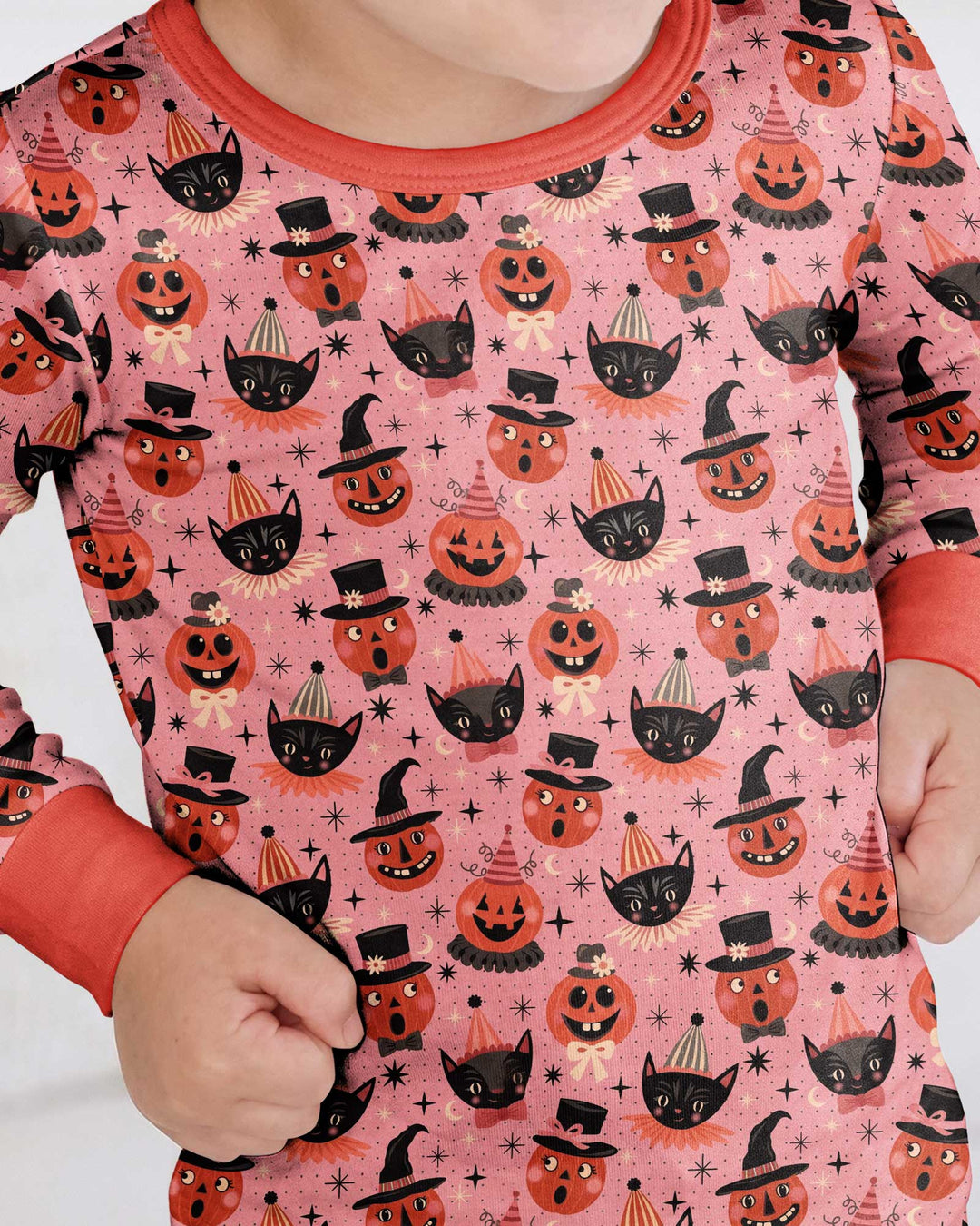 Retro Halloween Cats and Funny Pumpkins Bamboo Two Piece Long Sleeve Pajama Set