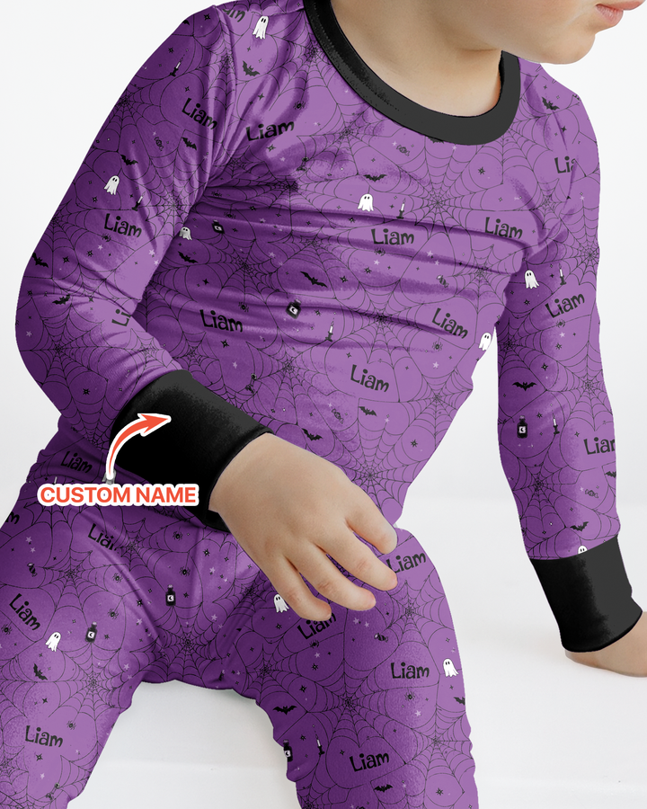 Spooky Spider Web Halloween Custom Name Bamboo Two Piece Long Sleeve Pajama Set