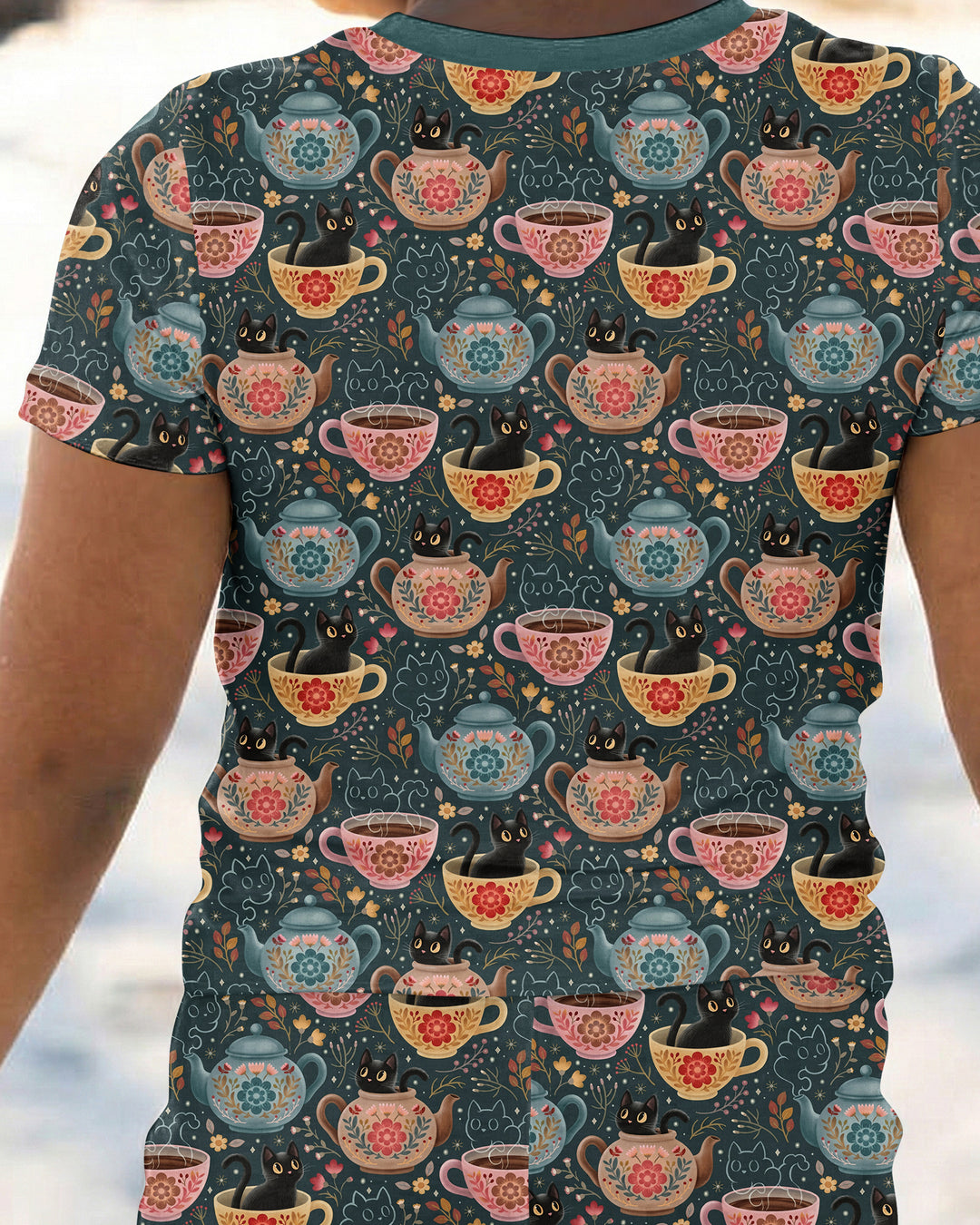 Folk Floral Black Cat Tea Party Bamboo Two Piece Short Sleeve Pajama Set