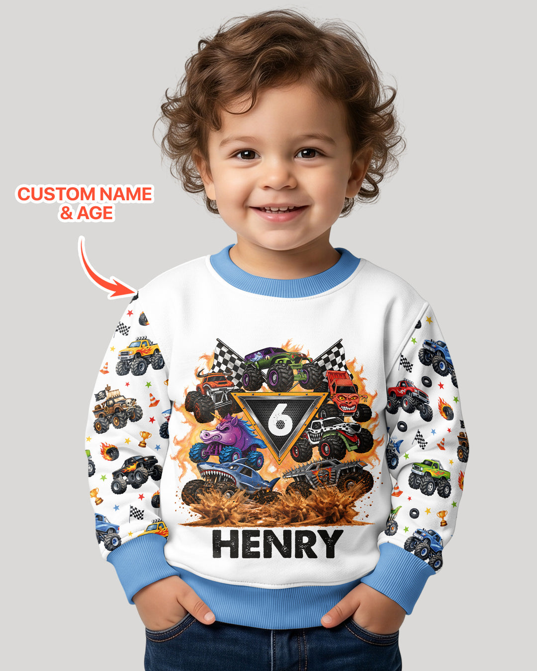 Personalized Monster Trucks Birthday Boy Bamboo Crewneck Sweatshirt