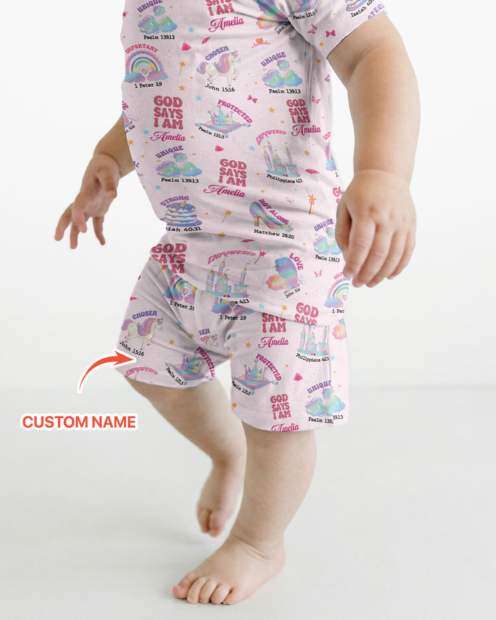God Says I Am Custom Name - Dreamy Princess Bamboo Two Piece Short Sleeve Pajama Set