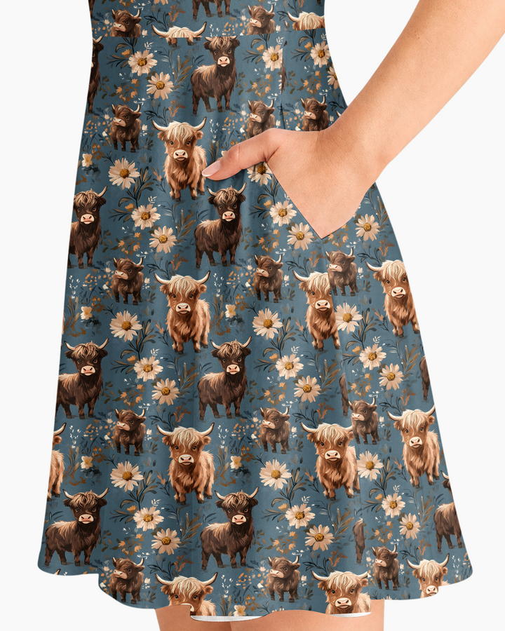Majestic Highland Cows Family Matching  Bamboo Women’s Short Sleeve Twirl Dress
