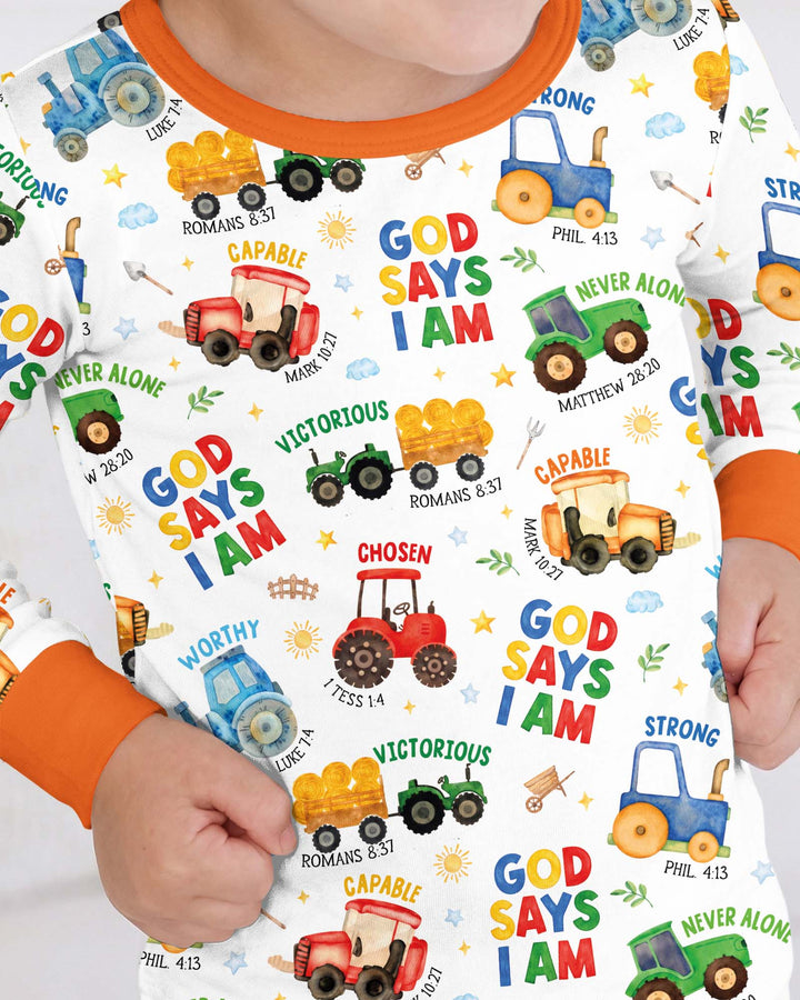 Farm Vehicles God Says I am Bamboo Two Piece Long Sleeve Pajama Set