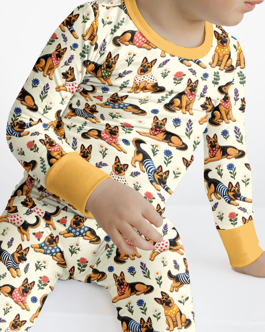 Floral German Shepherds Bamboo Two Piece Long Sleeve Pajama Set