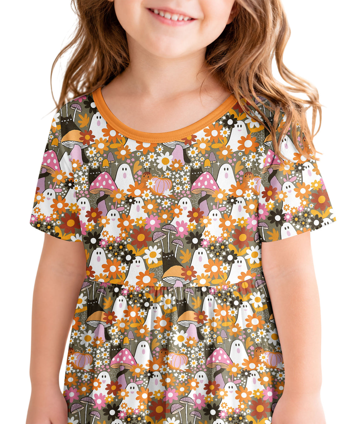 Retro Ghost Mushroom Floral Halloween Bamboo Twirl Dress