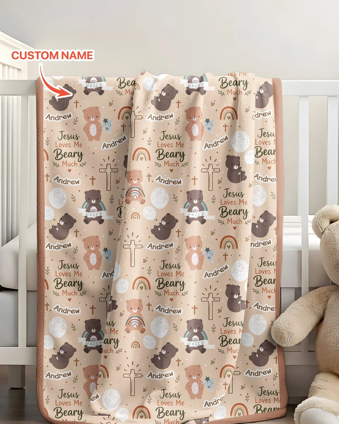 Custom Name Jesus Loves Me Beary Much Bamboo Blanket
