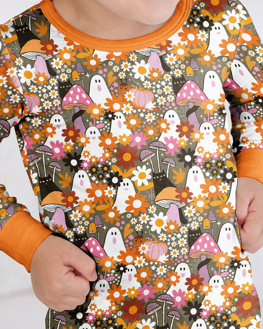 Retro Ghost Mushroom Floral Halloween Bamboo Two Piece Long Sleeve Pajama Set