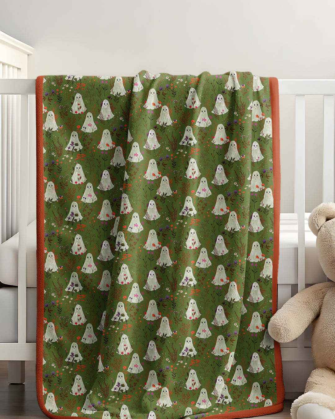 Cute Ghost Halloween Moss Green Floral Bamboo Blanket