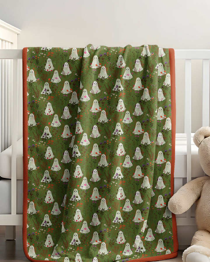 Cute Ghost Halloween Moss Green Floral Bamboo Blanket