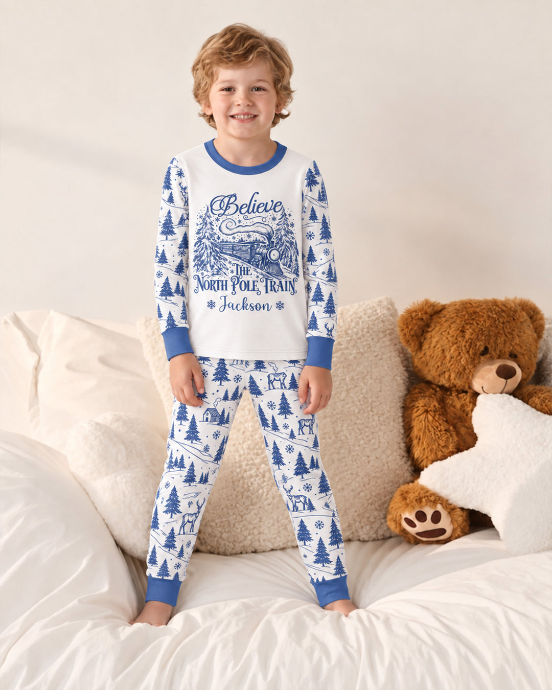 Custom Name North Pole Train Bamboo Two Piece Long Sleeve Pajama Set