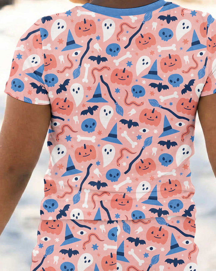 Pastel Pumpkins Skulls And Witch Craft Bamboo Two Piece Short Sleeve Pajama Set