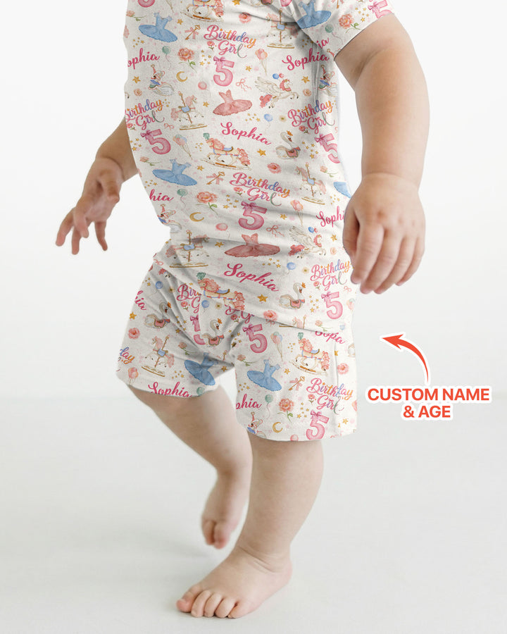 Ballerina Birthday Girl Custom Name & Age Bamboo Two Piece Short Sleeve Shorts Pajama Set