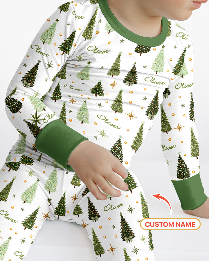 Custom Name Merry Christmas Tree Bamboo Two Piece Long Sleeve Pajama Set