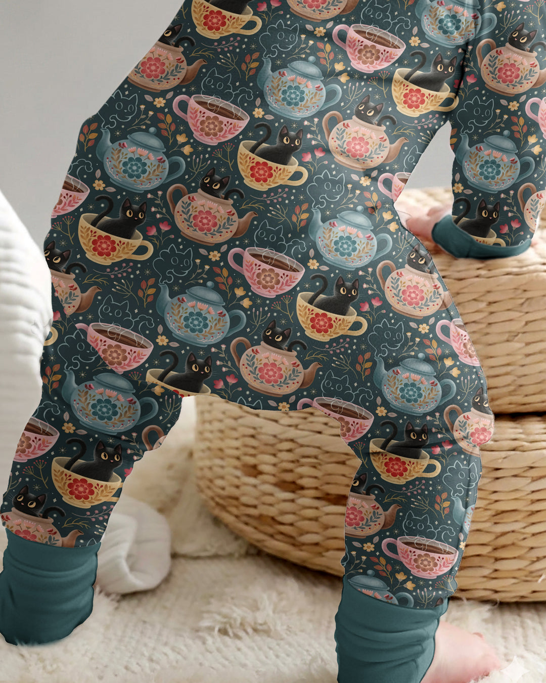 Folk Floral Black Cat Tea Party Bamboo Convertible Zippy