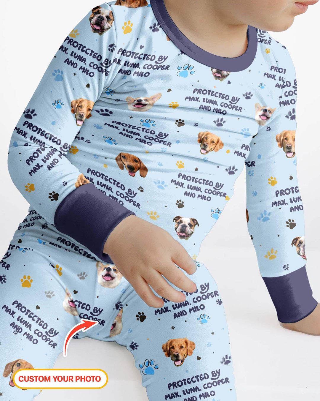 Custom Dog Photos "Protected By" Pawfect Blue Bamboo Two Piece Long Sleeve Pajama Set