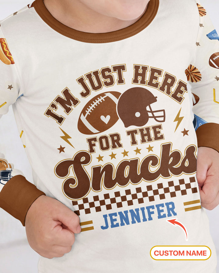 Custom Name Football I'm Just Here For The Snacks Bamboo Two Piece Long Sleeve Pajama Set